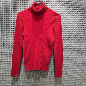 VTG Red Turtleneck Sweater SzLg Stretch Holiday Christmas Ribbed Preppy Classic